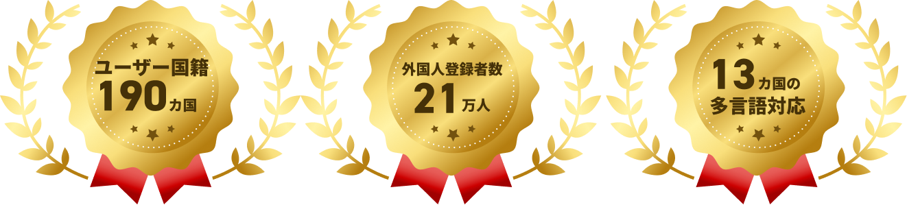 ユーザー国籍190カ国・外国人登録者数21万人・13カ国の多言語対応